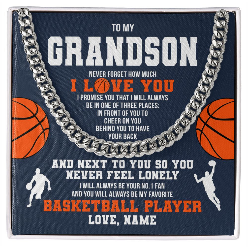 Cuban Link Chain Necklace | Personalized To My Grandson Necklace From Grandma Papa Never Forget I Love You Basketball Grandson Birthday Christmas Customized Gift Box Message Card | teecentury