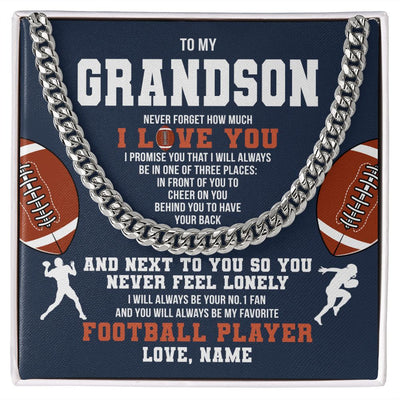 Cuban Link Chain Necklace | Personalized To My Grandson Necklace From Grandma Papa Never Forget I Love You Football Grandson Birthday Christmas Customized Gift Box Message Card | teecentury