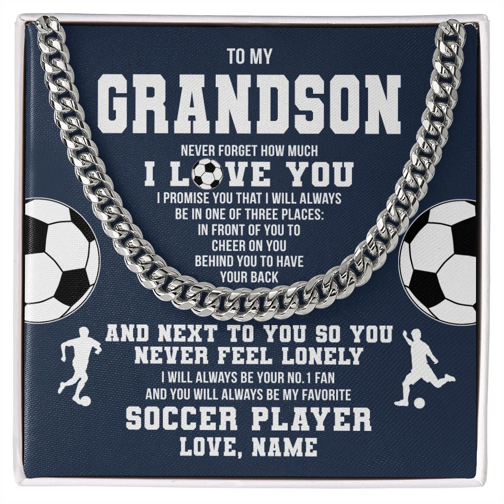 Cuban Link Chain Necklace | Personalized To My Grandson Necklace From Grandma Papa Never Forget I Love You Soccer Grandson Birthday Christmas Customized Gift Box Message Card | teecentury