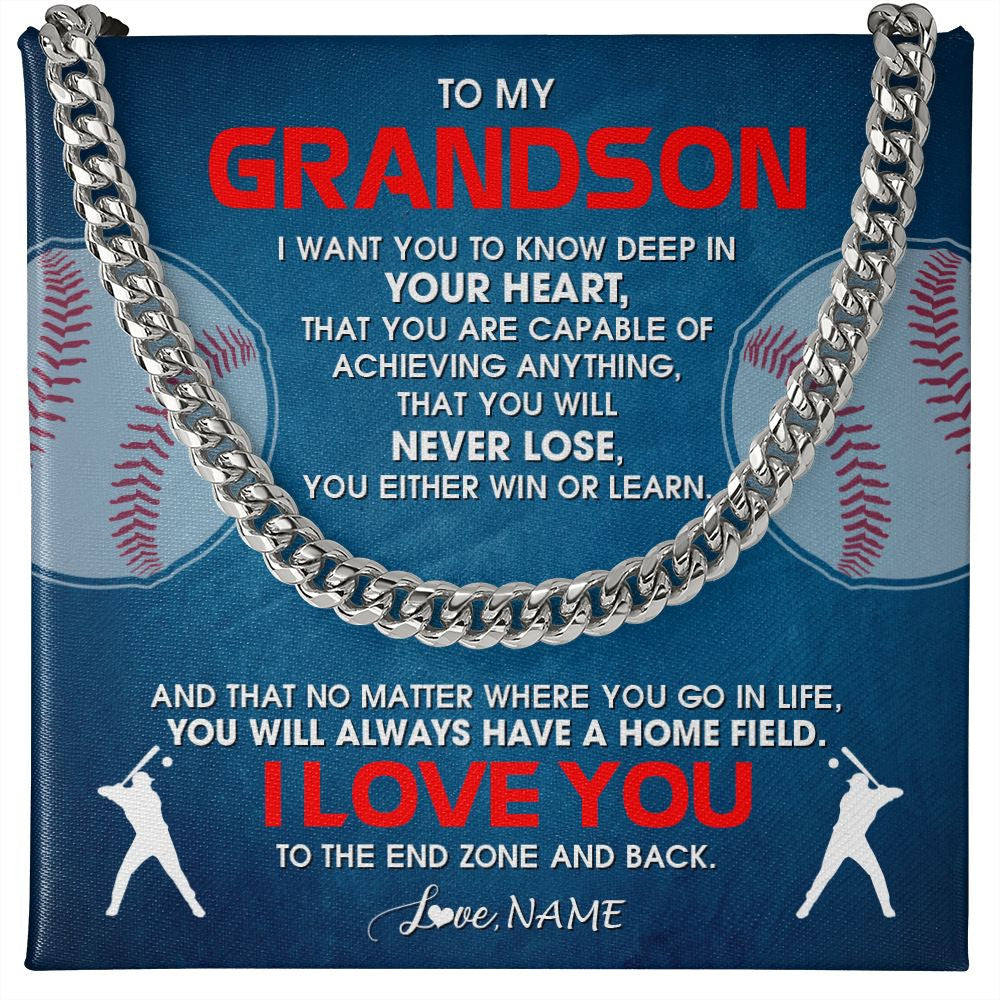Cuban Link Chain Necklace | Personalized To My Grandson Necklace From Grandma Papa Never Lose Baseball Grandson Birthday Graduation Christmas Customized Gift Box Message Card | teecentury