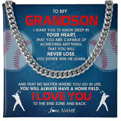 Cuban Link Chain Necklace | Personalized To My Grandson Necklace From Grandma Papa Never Lose Baseball Grandson Birthday Graduation Christmas Customized Gift Box Message Card | teecentury
