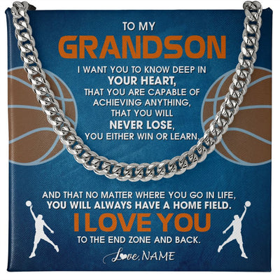 Cuban Link Chain Necklace | Personalized To My Grandson Necklace From Grandma Papa Never Lose Basketball Grandson Birthday Graduation Christmas Customized Gift Box Message Card | teecentury
