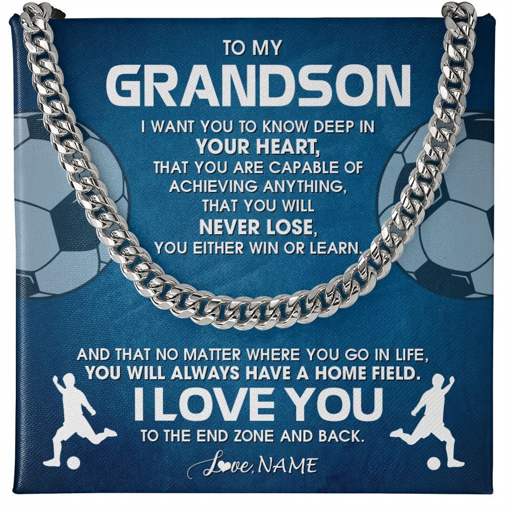 Cuban Link Chain Necklace | Personalized To My Grandson Necklace From Grandma Papa Never Lose Soccer Grandson Birthday Graduation Christmas Customized Gift Box Message Card | teecentury