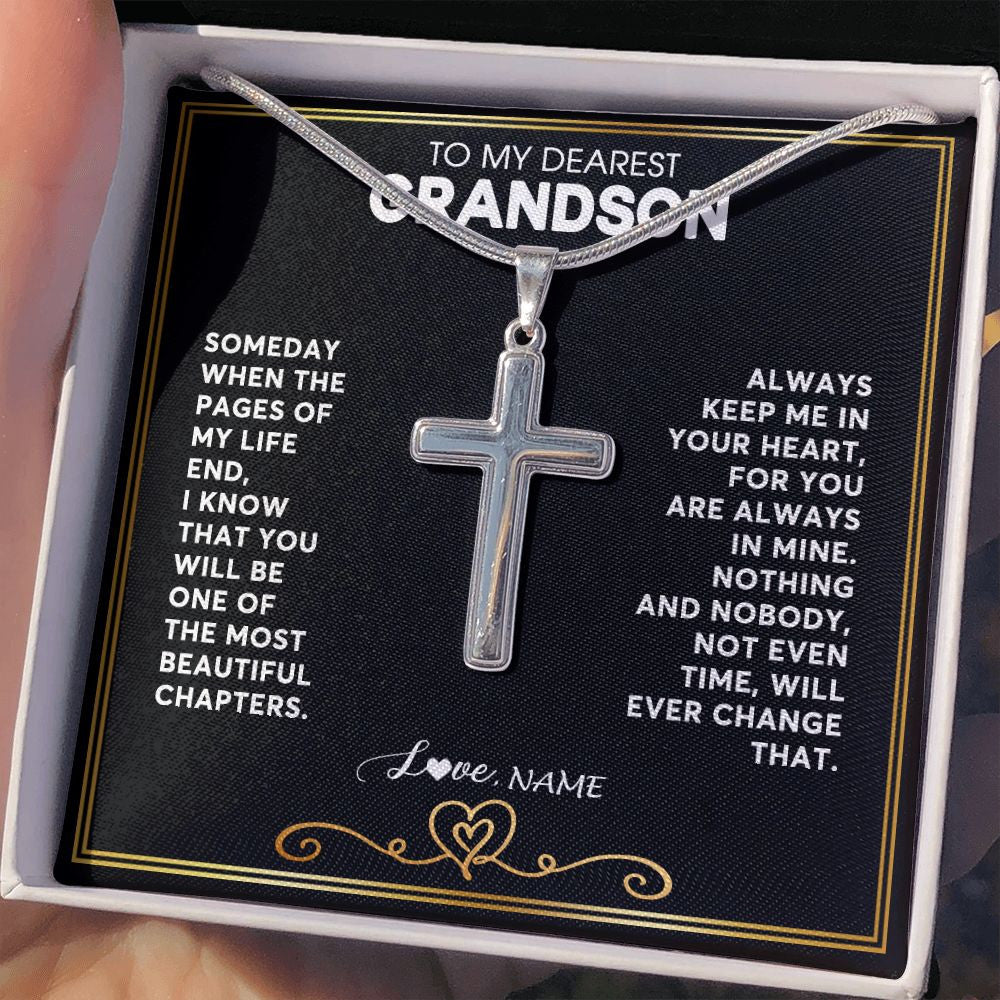 Stainless Cross Necklace | Personalized To My Grandson Necklace From Grandmother Papa When The Pages Of My Life End Grandson Birthday Christmas Customized Gift Box Message Card | teecentury