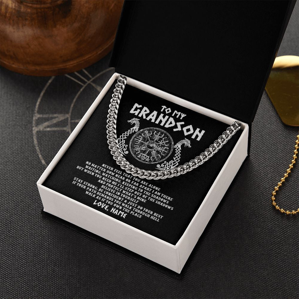 Cuban Link Chain Necklace | Personalized To My Grandson Necklace Viking Never Feel You Are Alone Odin Scandinavian Norse Runes Grandson Birthday Christmas Customized Gift Box Message Card | teecentury