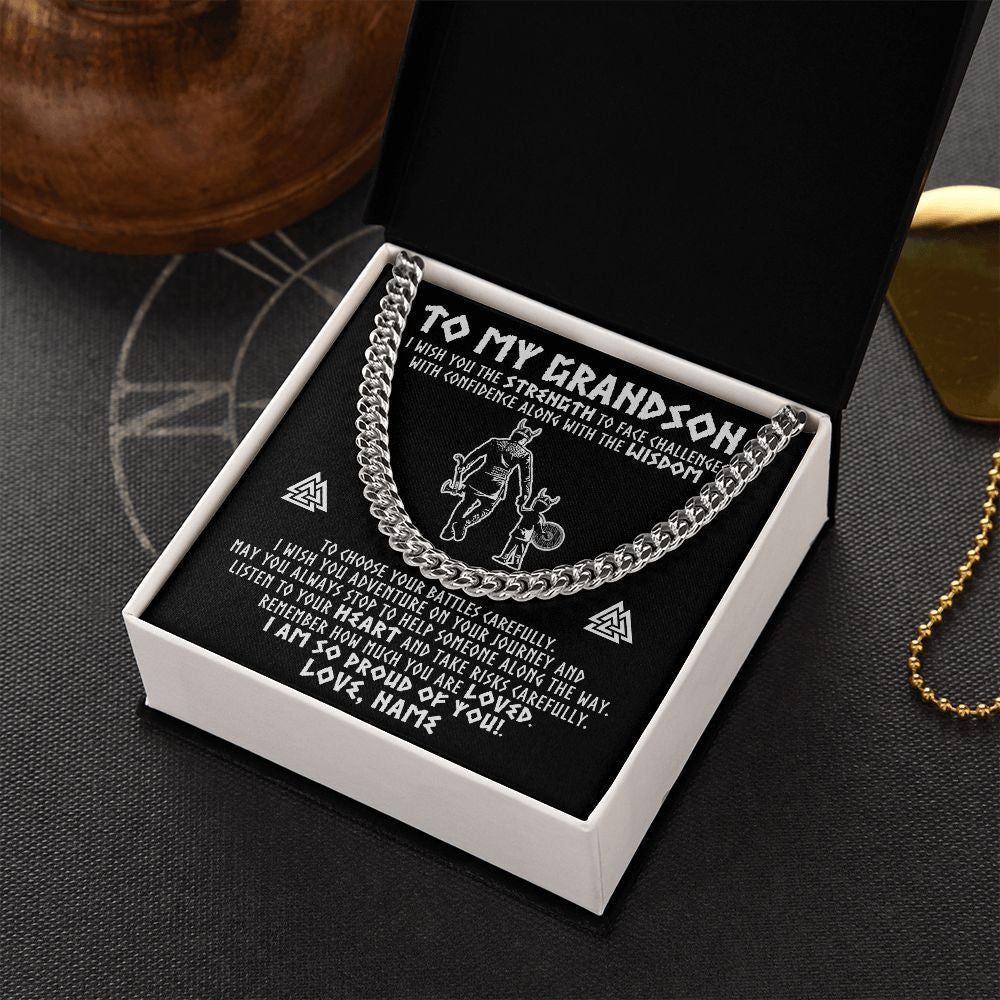 Cuban Link Chain Necklace | Personalized To My Grandson Viking Necklace From Papa Grandpa I Am So Proud Of You Runes Viking Grandson Birthday Christmas Customized Gift Box Message Card | teecentury