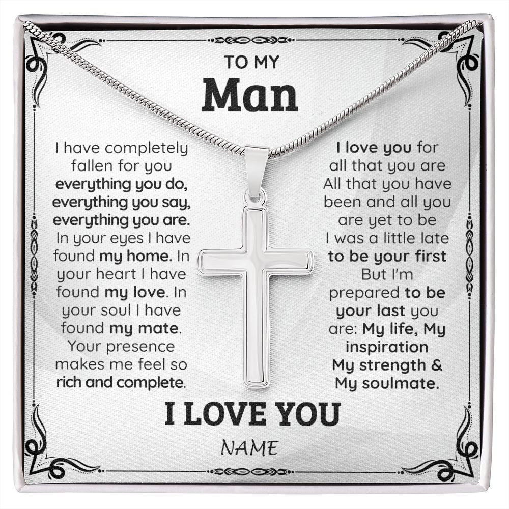 Stainless Cross Necklace | Personalized To My Man Necklace From Wife I Love You for Boyfriend Husband Groom Wedding Day Anniversary Valentines Christmas Customized Gift Box Message Card | teecentury