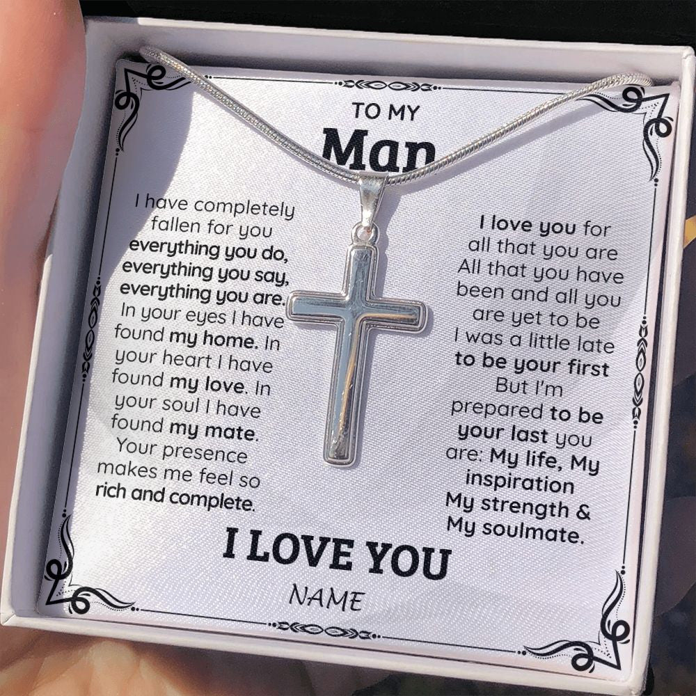 Stainless Cross Necklace | Personalized To My Man Necklace From Wife I Love You for Boyfriend Husband Groom Wedding Day Anniversary Valentines Christmas Customized Gift Box Message Card | teecentury