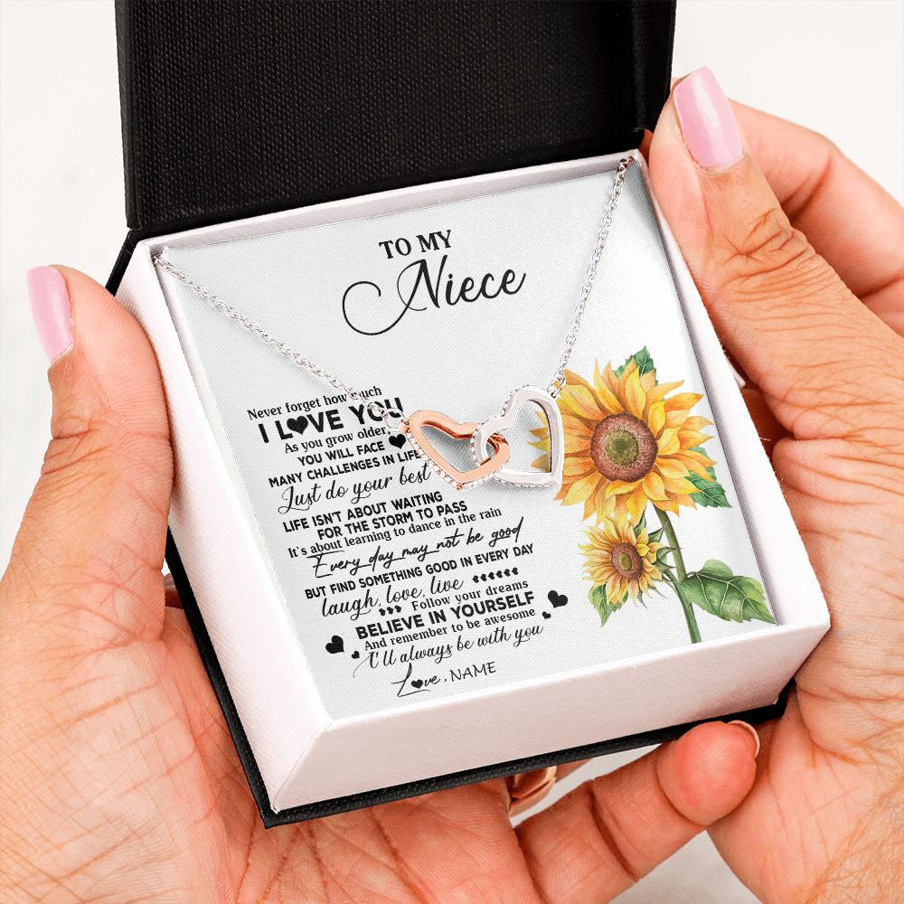 Interlocking Hearts Necklace | Personalized To My Niece Necklace From Aunt Auntie Auntie Sunflower Wood Laugh Love Live Niece Birthday Graduation Christmas Customized Gift Box Message Card | teecentury