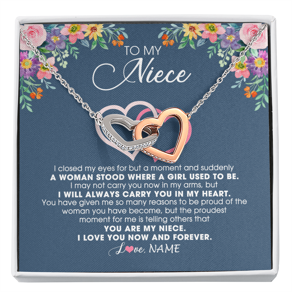 Interlocking Hearts Necklace | Personalized To My Niece Necklace From Aunt Auntie Uncle I Love You Now And Forever Jewelry For Niece Birthday Graduation Christmas Customized Message Card | teecentury