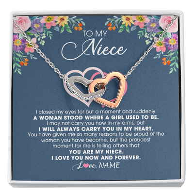 Interlocking Hearts Necklace | Personalized To My Niece Necklace From Aunt Auntie Uncle I Love You Now And Forever Jewelry For Niece Birthday Graduation Christmas Customized Message Card | teecentury