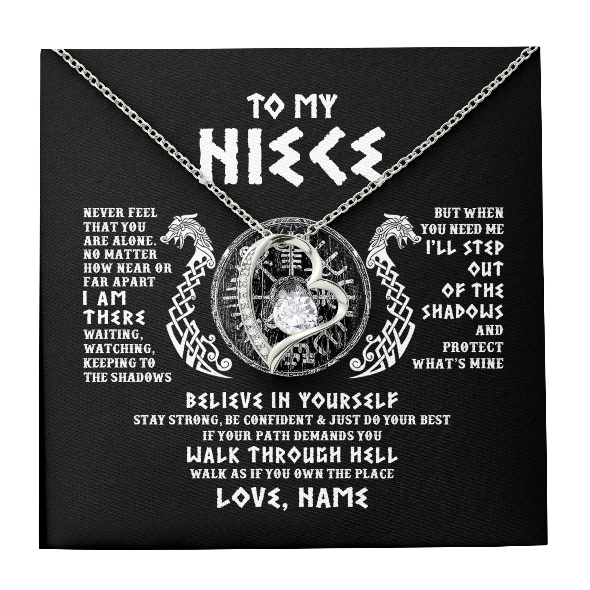 Forever Love Necklace | Personalized To My Niece Necklace Viking Never Feel You Are Alone Odin Scandinavian Norse Runes Niece Birthday Christmas Pendant Customized Gift Message Card | teecentury