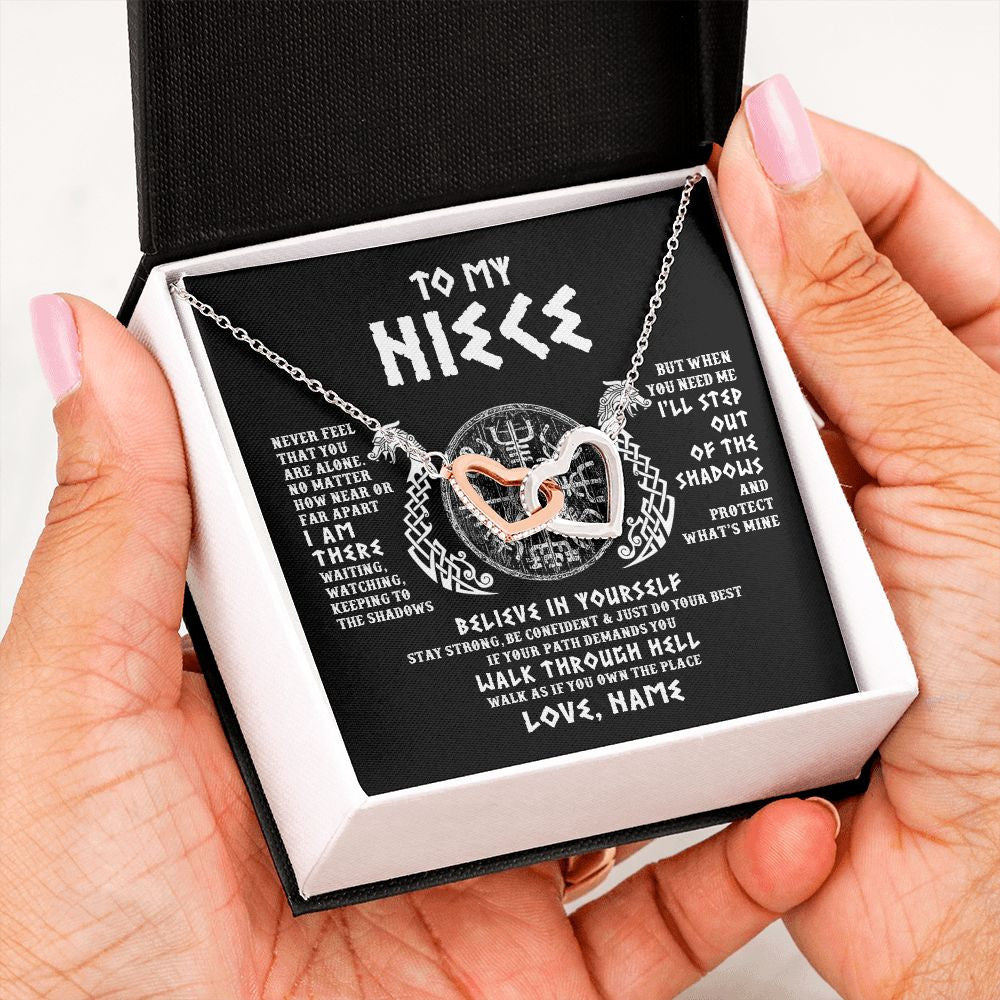 Interlocking Hearts Necklace | Personalized To My Niece Necklace Viking Never Feel You Are Alone Odin Scandinavian Norse Runes Niece Birthday Christmas Pendant Customized Gift Message Card | teecentury
