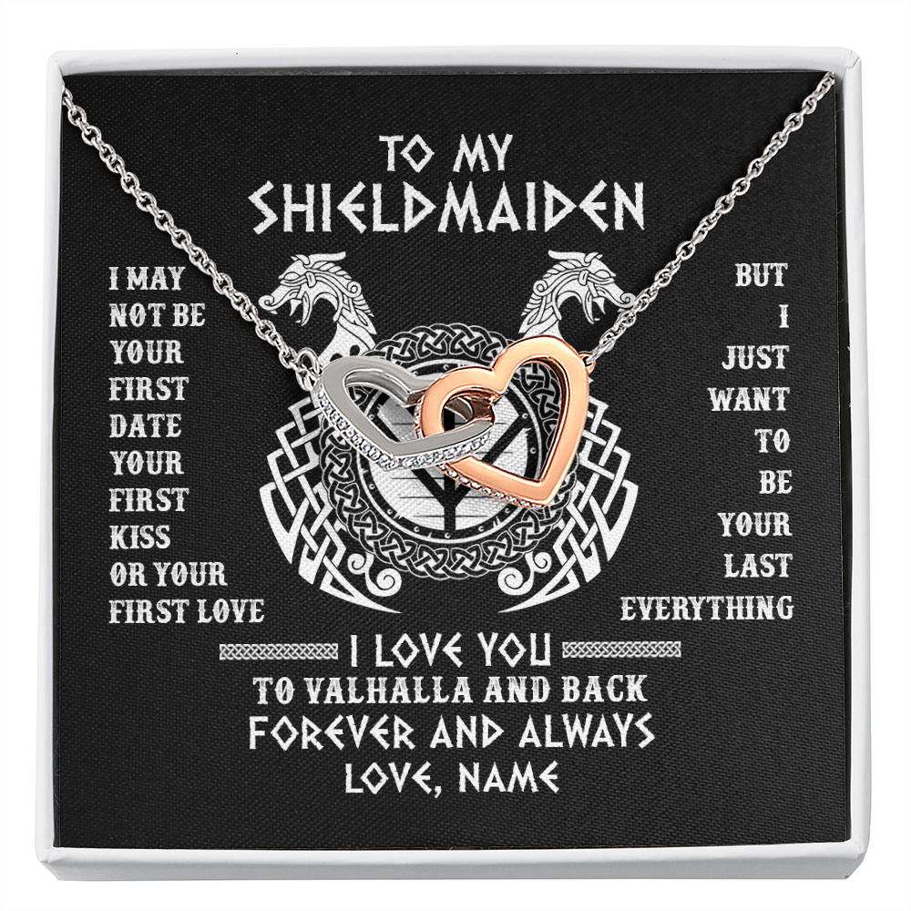Interlocking Hearts Necklace | Personalized To My Shieldmaiden Necklace I Love You to Valhalla and Back Viking Jewelry For Women Birthday Wife Girlfriend Anniversary Customized Message Card | teecentury