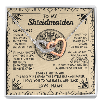 Interlocking Hearts Necklace | Personalized To My Shieldmaiden Necklace Viking Vintage I Love You to Valhalla Jewelry Fiancee Wife Girlfriend Birthday Anniversary Customized Message Card | teecentury