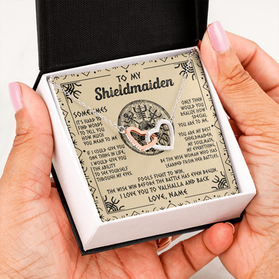 Interlocking Hearts Necklace | Personalized To My Shieldmaiden Necklace Viking Vintage I Love You to Valhalla Jewelry Fiancee Wife Girlfriend Birthday Anniversary Customized Message Card | teecentury