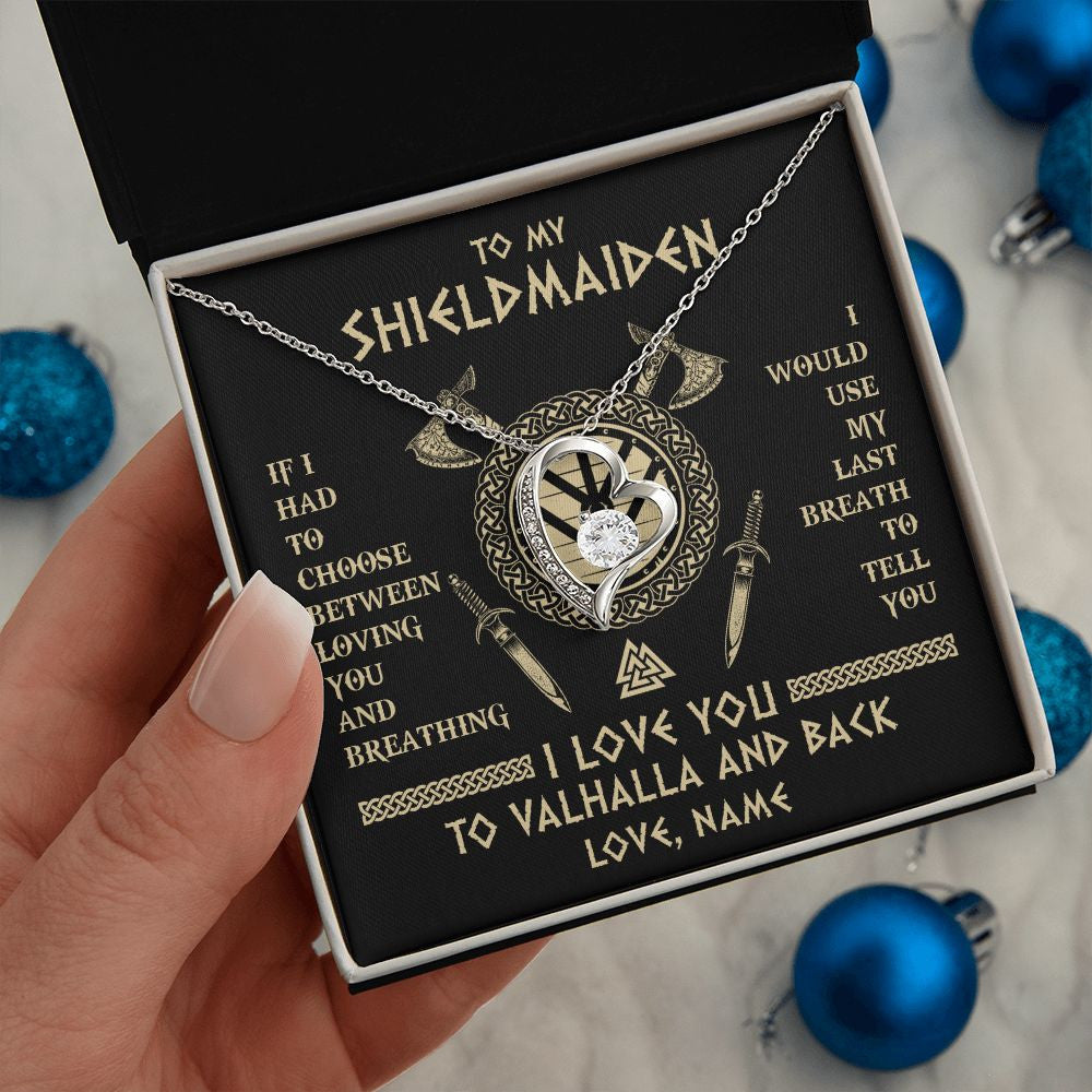Forever Love Necklace | Personalized To My Shieldmaiden Viking Necklace Wife From Husband I Love You To Valhalla Soulmate Girlfriend Birthday Anniversary Customized Gift Box Message Card | teecentury