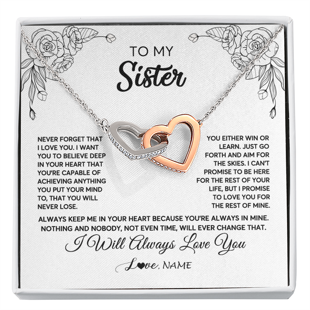 Interlocking Hearts Necklace | Personalized To My Sister Necklace From Brother Never Forget That I Love You Sister Birthday Graduation Christmas Jewelry Customized Gift Box Message Card | teecentury