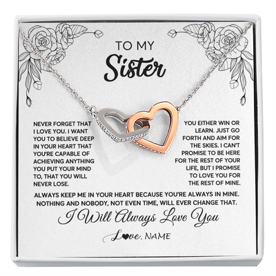 Interlocking Hearts Necklace | Personalized To My Sister Necklace From Brother Never Forget That I Love You Sister Birthday Graduation Christmas Jewelry Customized Gift Box Message Card | teecentury