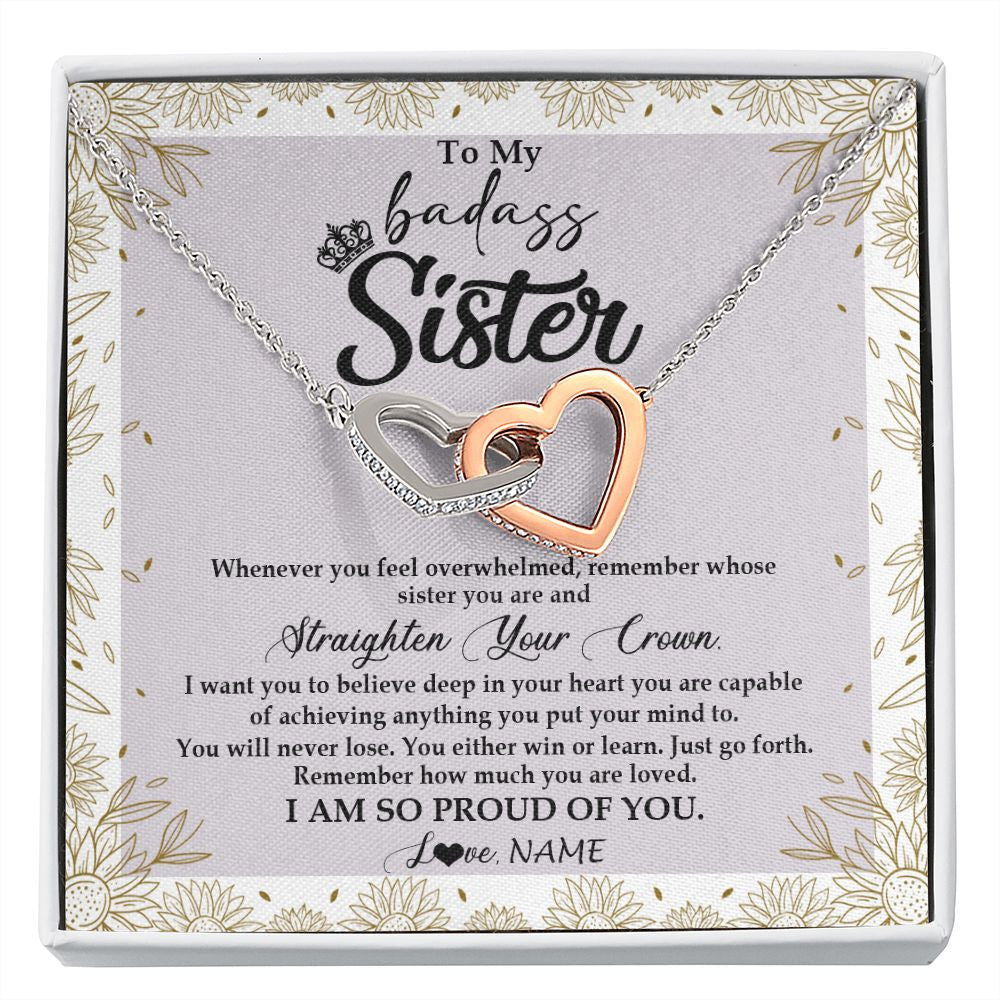 Interlocking Hearts Necklace | Personalized To My Sister Necklace From Brother Sister Straighten Your Crown Sister Birthday Christmas Graduation Jewelry Customized Gift Box Message Card | teecentury