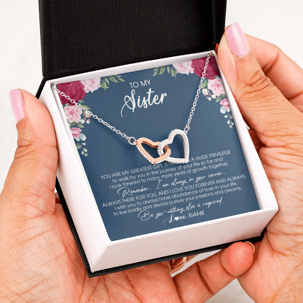 Interlocking Hearts Necklace | Personalized To My Sister Necklace From Brother Sister You Are My Greatest Gift Sister Birthday Christmas Customized Jewelry Gift Box Message Card | teecentury