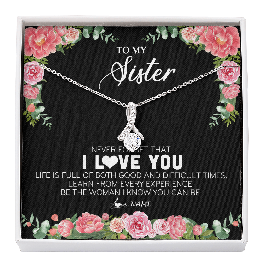 Alluring Beauty Necklace | Personalized To My Sister Necklace from Brother Sister Never Forget I Love You Floral Jewelry for Sister Birthday Graduation Christmas Customized Message Card | teecentury