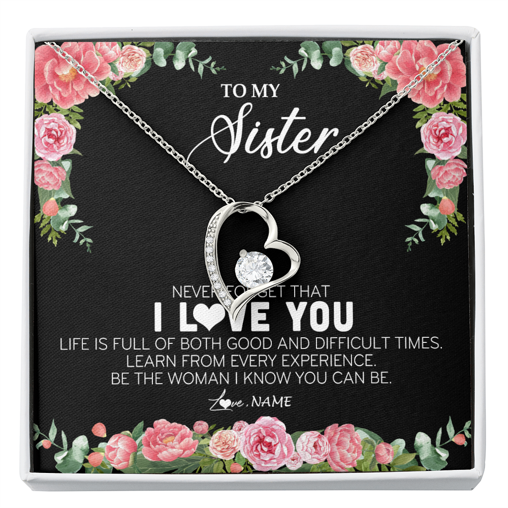 Forever Love Necklace | Personalized To My Sister Necklace from Brother Sister Never Forget I Love You Floral Jewelry for Sister Birthday Graduation Christmas Customized Message Card | teecentury