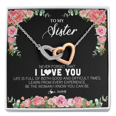 Interlocking Hearts Necklace | Personalized To My Sister Necklace from Brother Sister Never Forget I Love You Floral Jewelry for Sister Birthday Graduation Christmas Customized Message Card | teecentury