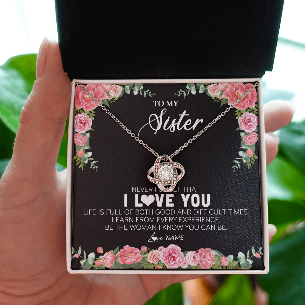 Love Knot Necklace | Personalized To My Sister Necklace from Brother Sister Never Forget I Love You Floral Jewelry for Sister Birthday Graduation Christmas Customized Message Card | teecentury