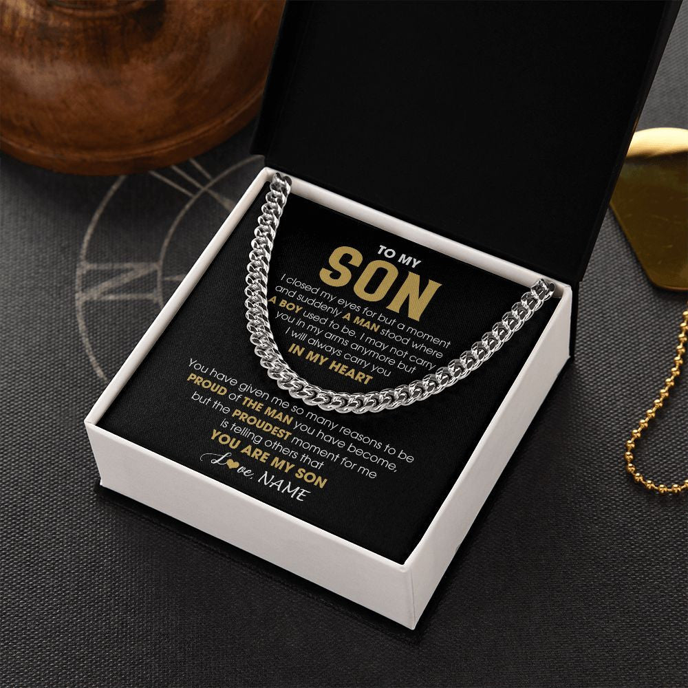 Cuban Link Chain Necklace | Personalized To My Son Cuban Necklace From Mom Dad Mother Father Proud Of The Man Son Birthday Graduation Christmas Customized Gift Box Message Card | teecentury