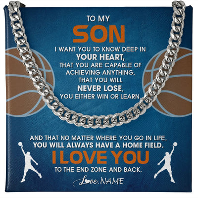 Cuban Link Chain Necklace | Personalized To My Son Necklace From Mom Dad Mother Father Never Lose Basketball Son Birthday Graduation Christmas Customized Gift Box Message Card | teecentury