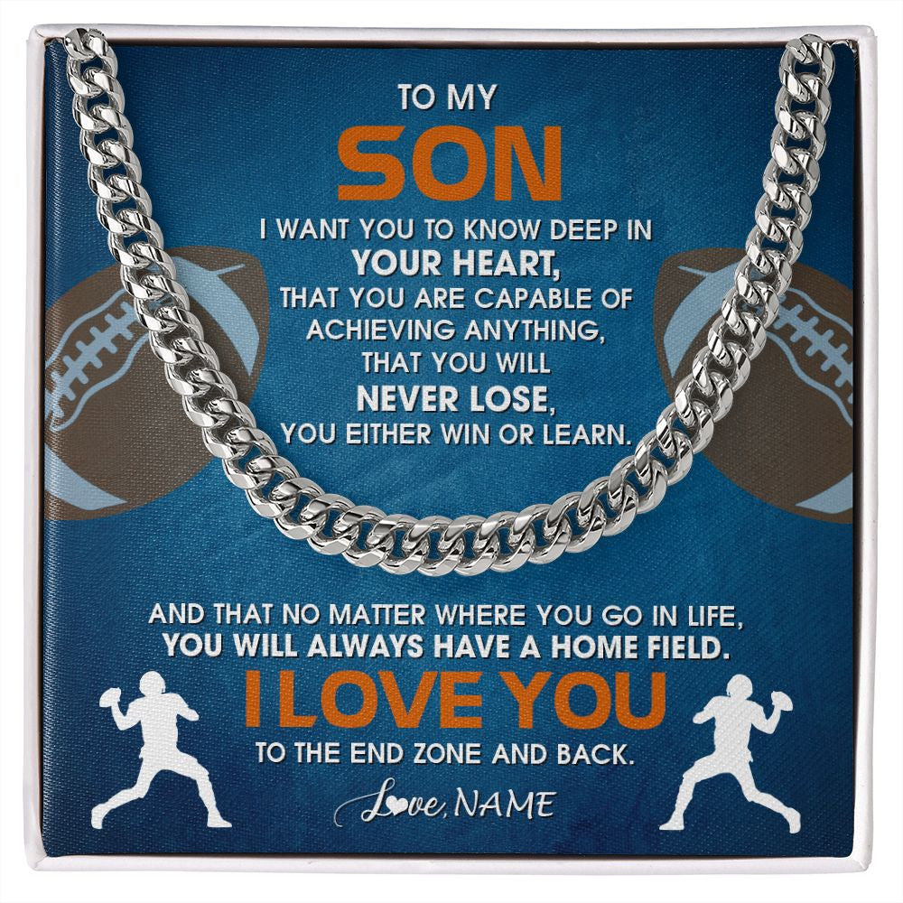 Cuban Link Chain Necklace | Personalized To My Son Necklace From Mom Dad Mother Father Never Lose Football Son Birthday Graduation Christmas Customized Gift Box Message Card | teecentury