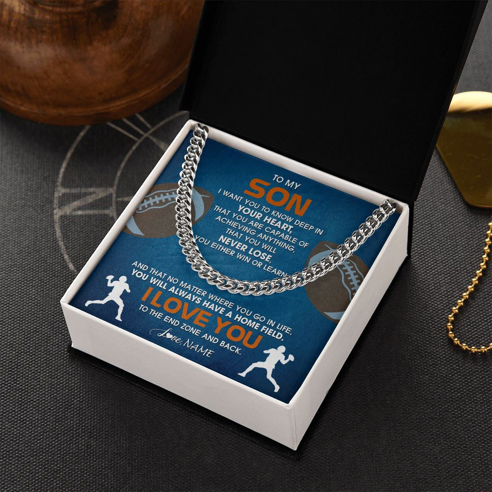 Cuban Link Chain Necklace | Personalized To My Son Necklace From Mom Dad Mother Father Never Lose Football Son Birthday Graduation Christmas Customized Gift Box Message Card | teecentury