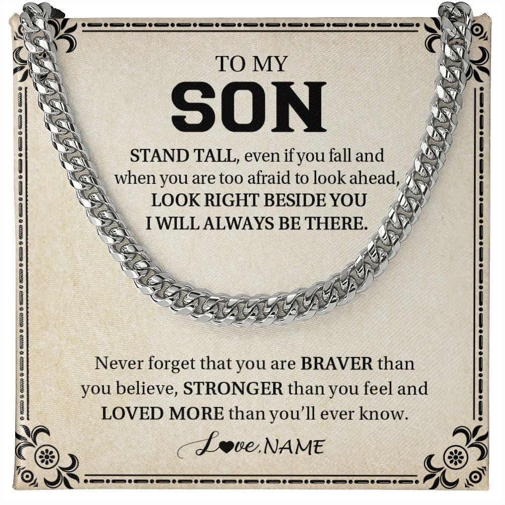 Cuban Link Chain Necklace | Personalized To My Son Necklace From Mom Dad Mother Never Forget That You Are Braver Son Birthday Graduation Christmas Customized Gift Box Message Card | teecentury