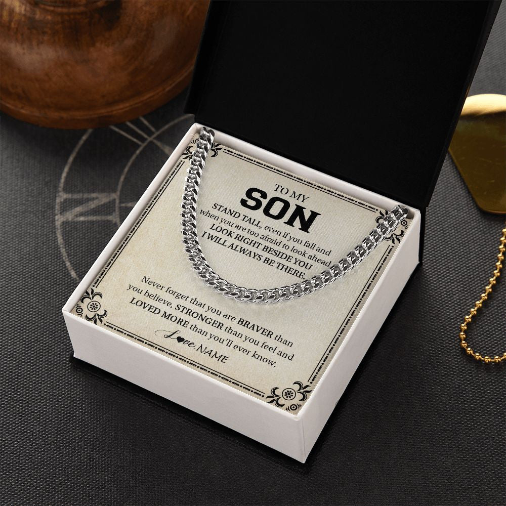 Cuban Link Chain Necklace | Personalized To My Son Necklace From Mom Dad Mother Never Forget That You Are Braver Son Birthday Graduation Christmas Customized Gift Box Message Card | teecentury
