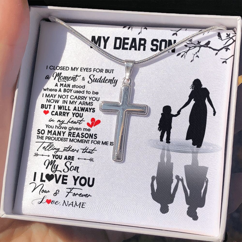 Stainless Cross Necklace | Personalized To My Son Necklace From Mom Mother I Love You Letters For Him Son Birthday Graduation Christmas Customized Gift Box Message Card | teecentury