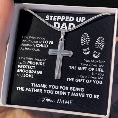Stainless Cross Necklace | Personalized To My Stepped Up Dad Cross Necklace From Step Son Daughter Thank You For Being The Father Fathers Day Christmas Customized Gift Box Message Card | teecentury