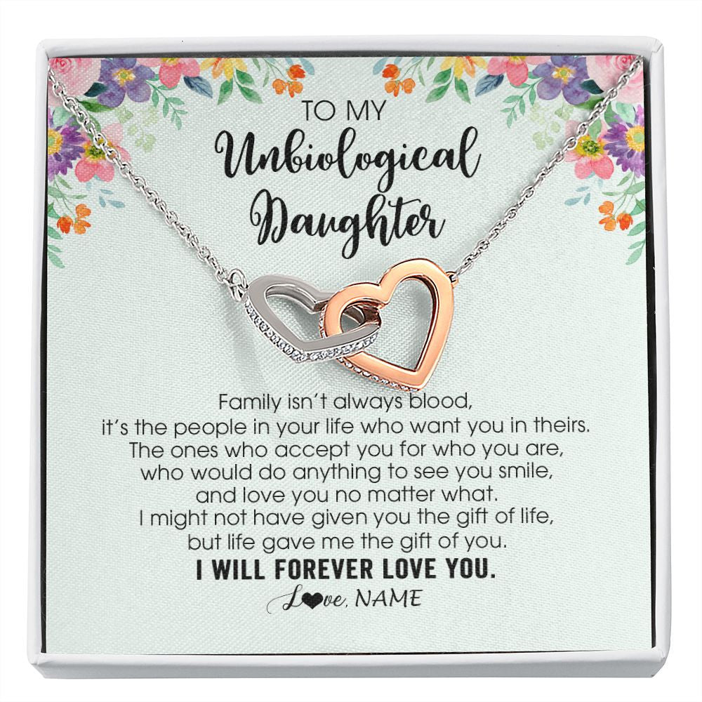 Interlocking Hearts Necklace | Personalized To My Unbiological Daughter Necklace Family Isn't Always Blood Bonus Daughter Stepdaughter Birthday Christmas Customized Gift Box Message Card | teecentury