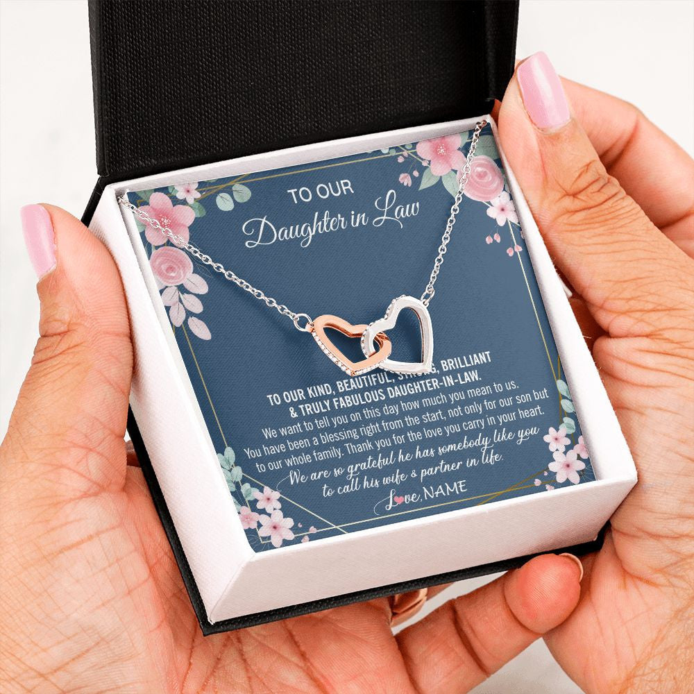 Interlocking Hearts Necklace | Personalized To Our Daughter In Law Necklace On Wedding Day For Bride From Mother In Law Daughter In Law Jewelry Wedding Day Customized Gift Box Message Card | teecentury