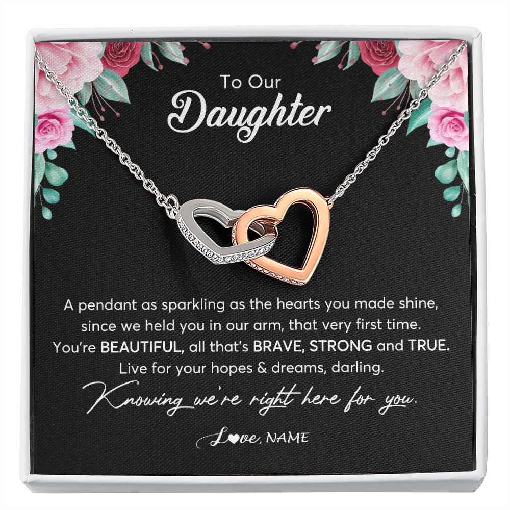 Interlocking Hearts Necklace | Personalized To Our Daughter Necklace From Mom Dad You're Beautiful Daughter Jewelry Pendant Birthday Valentines Day Christmas Customized Gift Box Message Card | teecentury