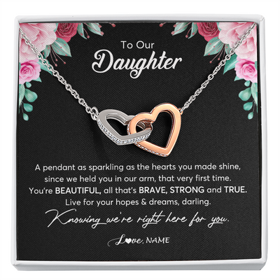 Interlocking Hearts Necklace | Personalized To Our Daughter Necklace From Mom Dad You're Beautiful Daughter Jewelry Pendant Birthday Valentines Day Christmas Customized Gift Box Message Card | teecentury