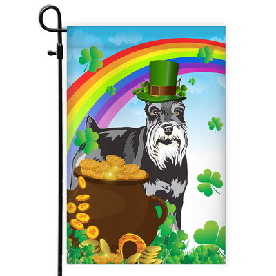 Schnauzer St Patrick's Day Dog Flag Funny Peeking Dog Wear Green Hat Golden Pot Coin Shamrock Rainbow Spring Banner for Home Decor | teecentury