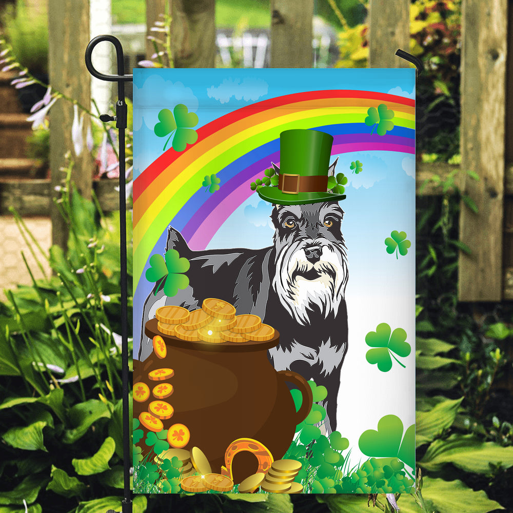 Schnauzer St Patrick's Day Dog Flag Funny Peeking Dog Wear Green Hat Golden Pot Coin Shamrock Rainbow Spring Banner for Home Decor | teecentury