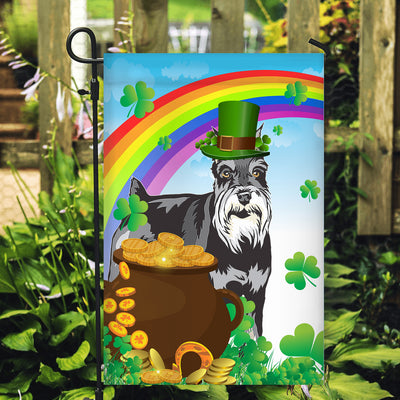 Schnauzer St Patrick's Day Dog Flag Funny Peeking Dog Wear Green Hat Golden Pot Coin Shamrock Rainbow Spring Banner for Home Decor | teecentury