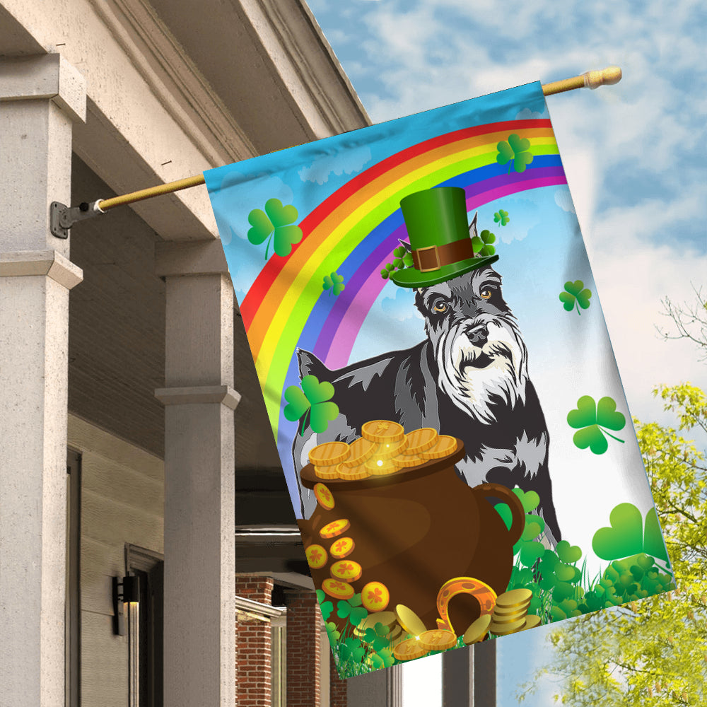 Schnauzer St Patrick's Day Dog Flag Funny Peeking Dog Wear Green Hat Golden Pot Coin Shamrock Rainbow Spring Banner for Home Decor | teecentury