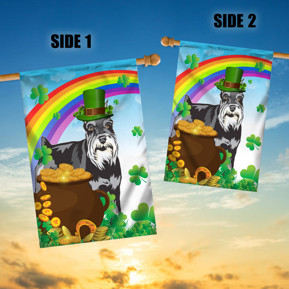 Schnauzer St Patrick's Day Dog Flag Funny Peeking Dog Wear Green Hat Golden Pot Coin Shamrock Rainbow Spring Banner for Home Decor | teecentury