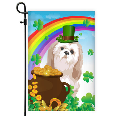 Shih Tzu St Patrick's Day Dog Flag Funny Peeking Dog Wear Green Hat Golden Pot Coin Shamrock Rainbow Spring Banner for Home Decor | teecentury