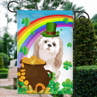Shih Tzu St Patrick's Day Dog Flag Funny Peeking Dog Wear Green Hat Golden Pot Coin Shamrock Rainbow Spring Banner for Home Decor | teecentury