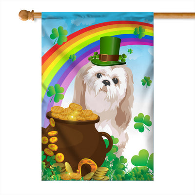 Shih Tzu St Patrick's Day Dog Flag Funny Peeking Dog Wear Green Hat Golden Pot Coin Shamrock Rainbow Spring Banner for Home Decor | teecentury