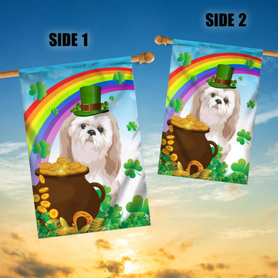 Shih Tzu St Patrick's Day Dog Flag Funny Peeking Dog Wear Green Hat Golden Pot Coin Shamrock Rainbow Spring Banner for Home Decor | teecentury